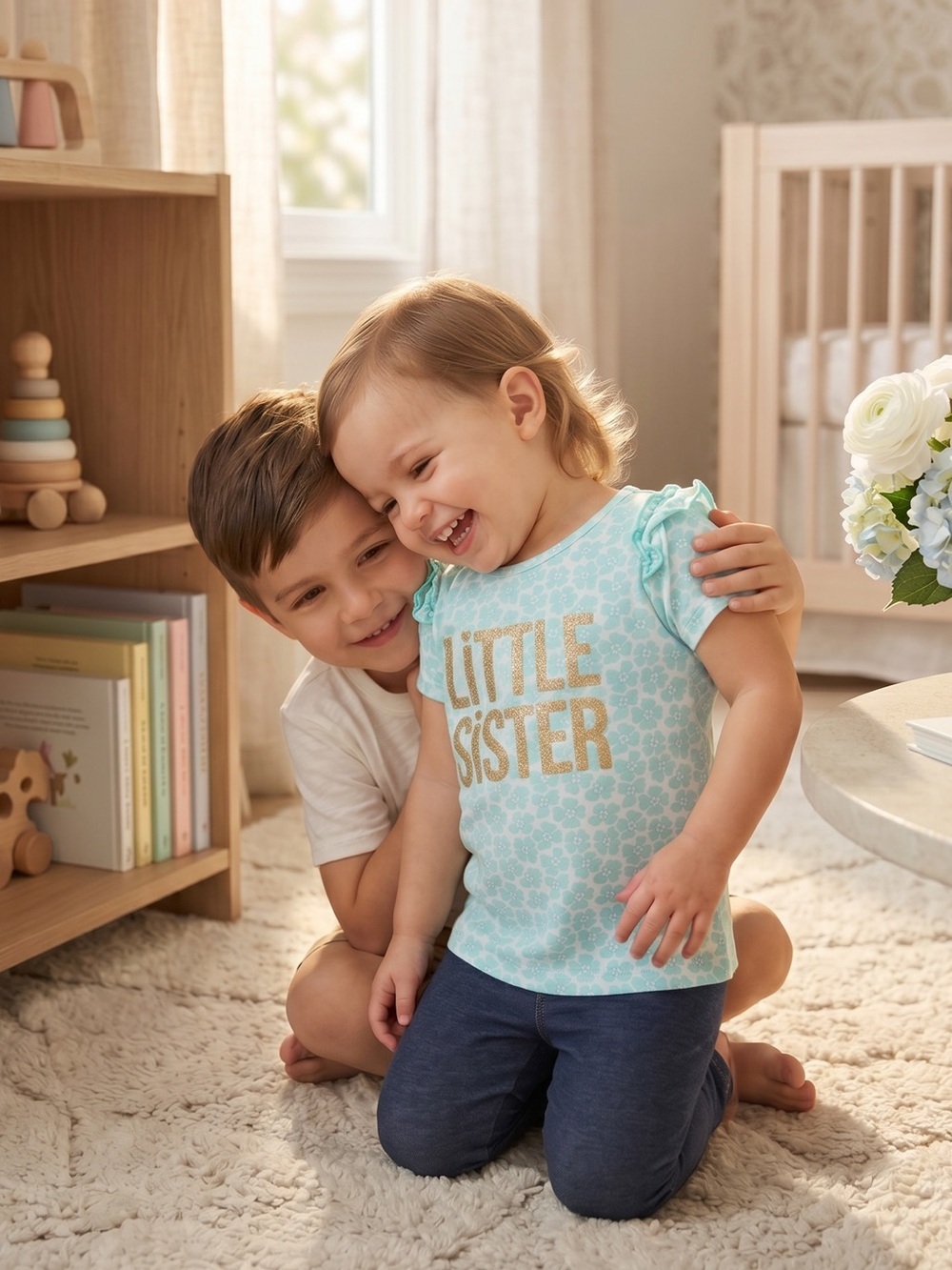 Child of Mine Aqua Floral Short Sleeve Tee with Gold Text